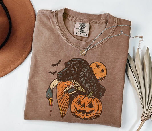 Comfort Colors® Halloween Hunting Dog Shirt, Funny Fall Thanksgiving with Pumpkins Bats Shirt, Spooky Duck Hunt Fall Jack O’ Lantern Shirt