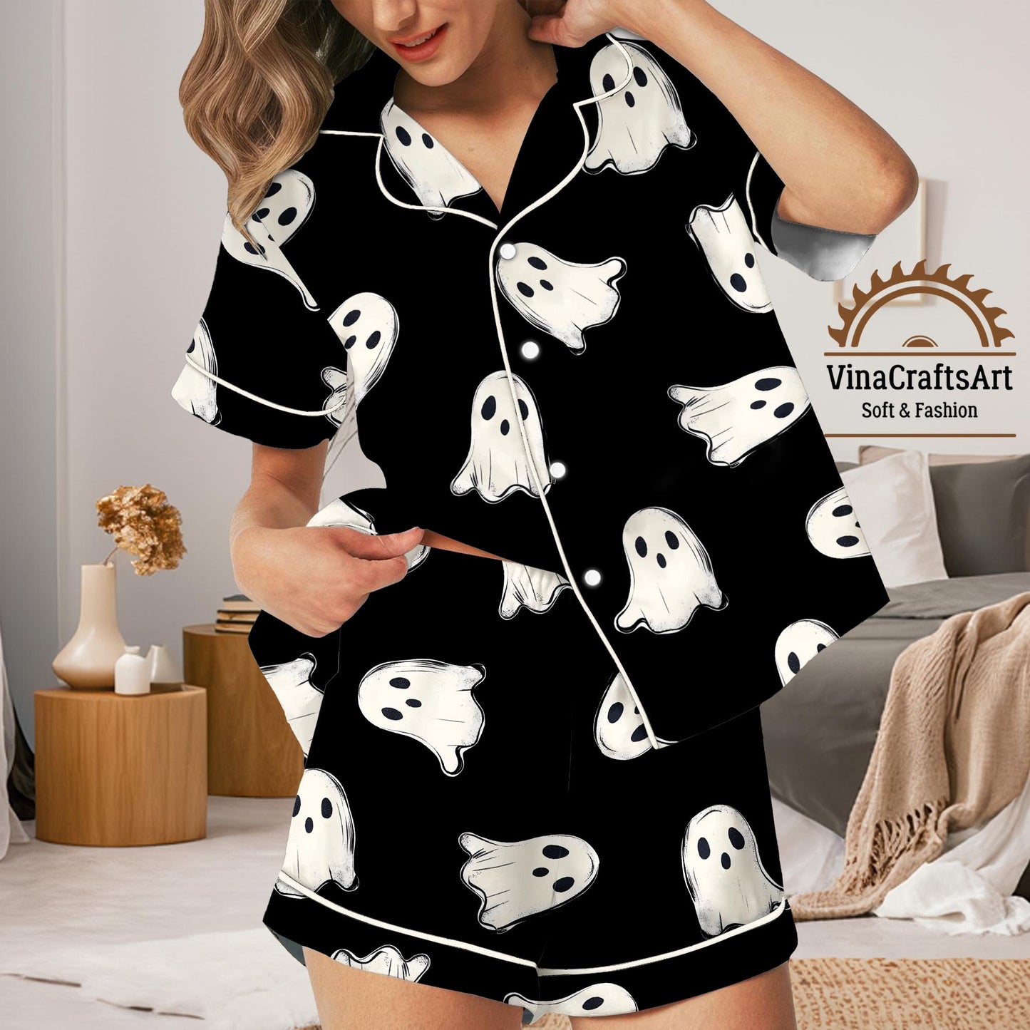Halloween Ghost Pajamas Set, Spooky Cute Sleepwear for Women, Black Ghost Loungewear, Cozy Fall PJ Gift for Her, Halloween Aesthetic