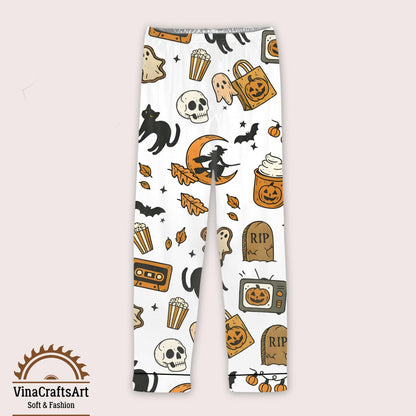 Halloween Pumpkin Pajamas Set, Pumpkin Ghost Witch Cat Print Sleepwear, Spooky Cute Loungewear, Spooky Season Pajamas Set