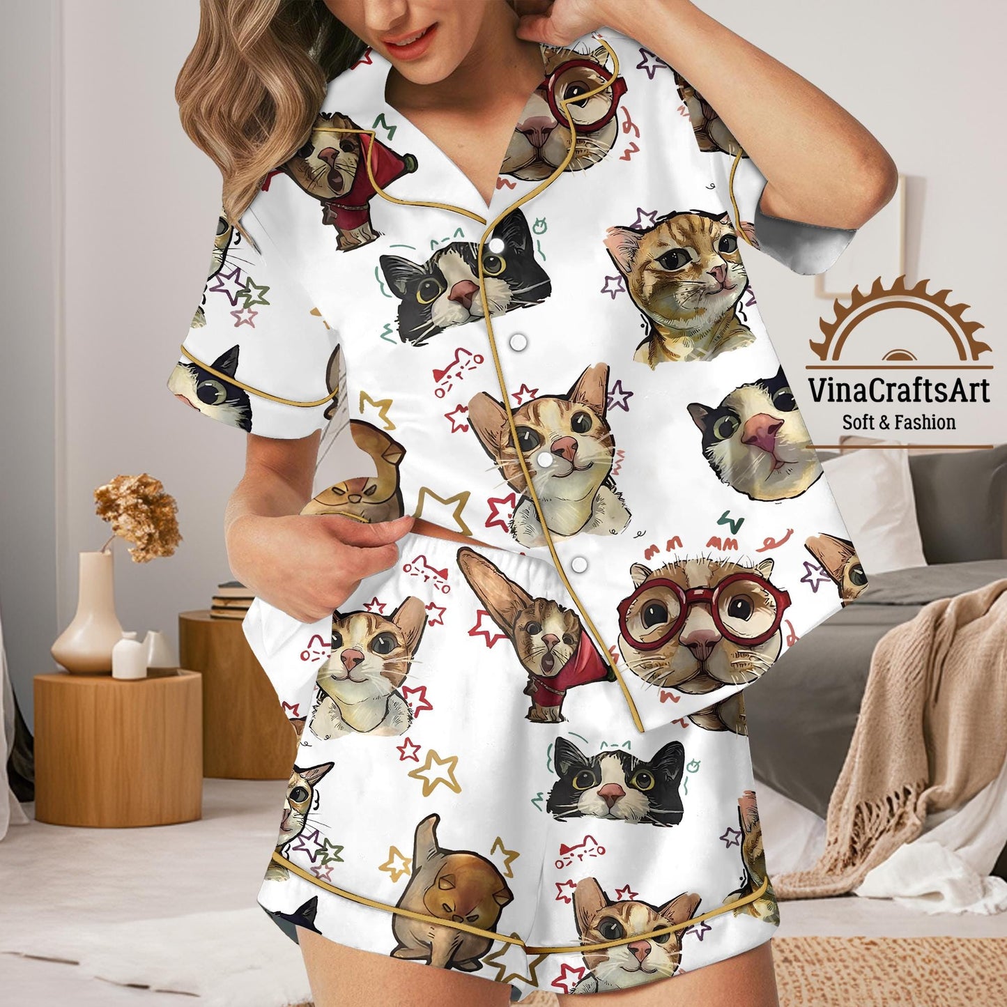 Cartoon Cat Pajamas Set, Cute Kitty Print Sleepwear, Funny Cat Lover Gift Pajamas Set, Cozy Long & Short Sleeve Loungewear