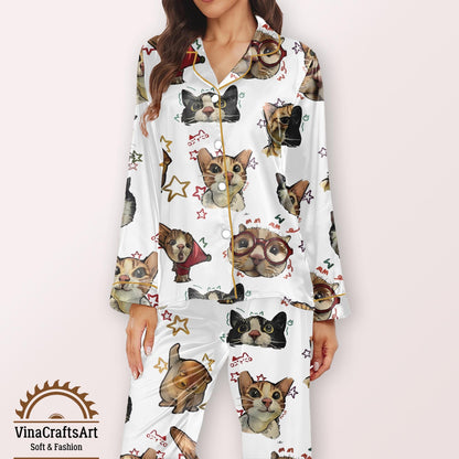 Cartoon Cat Pajamas Set, Cute Kitty Print Sleepwear, Funny Cat Lover Gift Pajamas Set, Cozy Long & Short Sleeve Loungewear