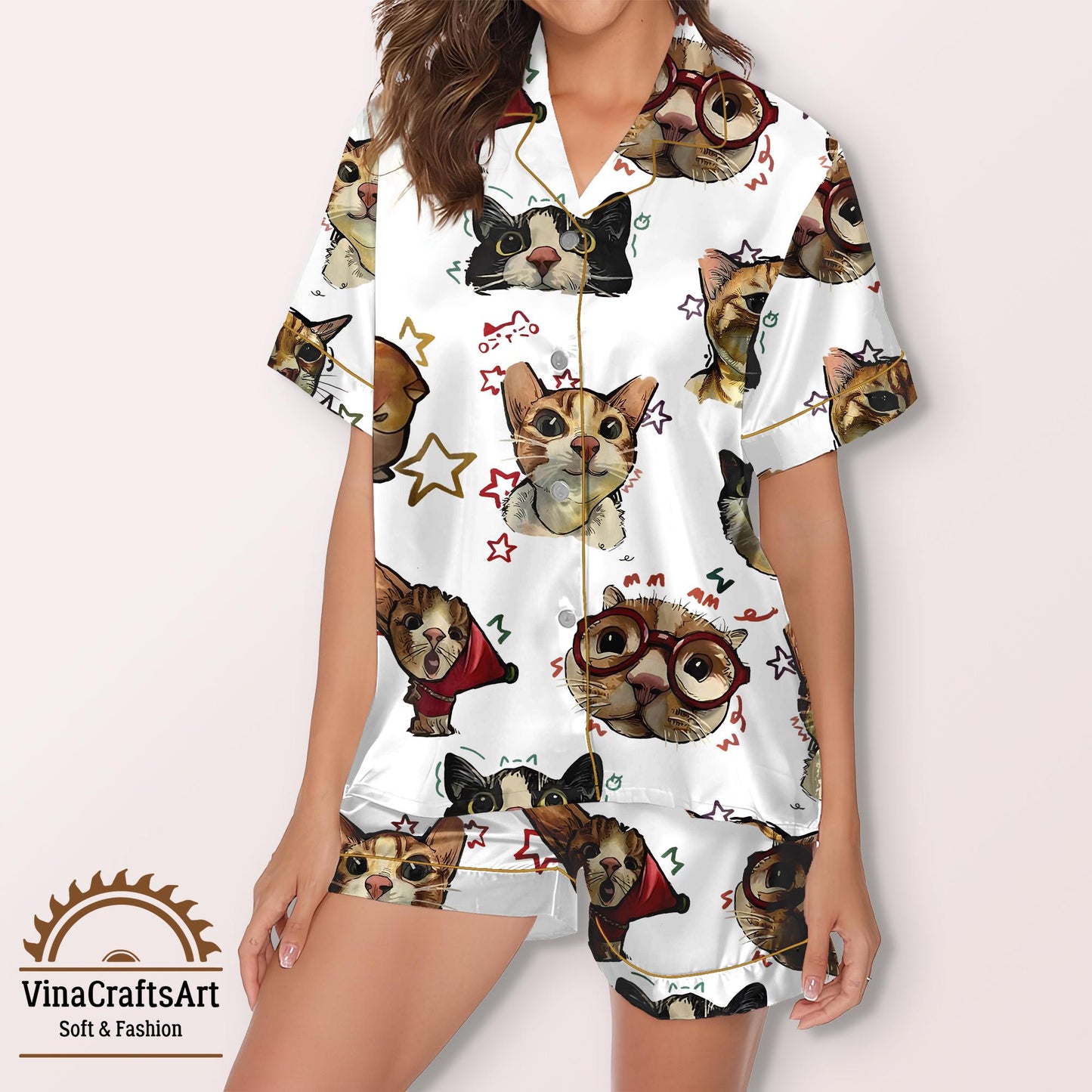 Cartoon Cat Pajamas Set, Cute Kitty Print Sleepwear, Funny Cat Lover Gift Pajamas Set, Cozy Long & Short Sleeve Loungewear