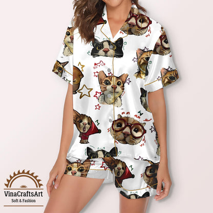 Cartoon Cat Pajamas Set, Cute Kitty Print Sleepwear, Funny Cat Lover Gift Pajamas Set, Cozy Long & Short Sleeve Loungewear