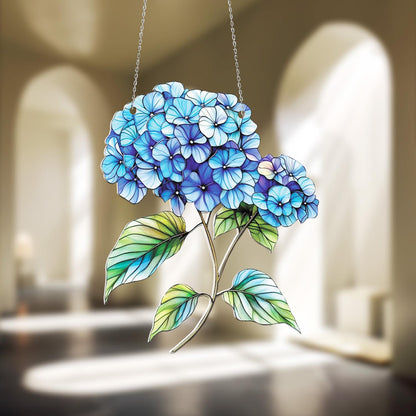 Blue Hydrangea Flower Window Hanging Decoration, Elegant Floral Home Décor Accent with Green Leaves for Fresh Botanical and Garden Style