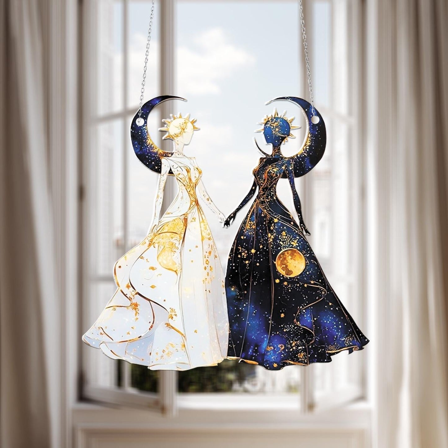 Sun and Moon Goddess Window Hanging Decoration, Celestial Duo Holding Hands in White and Dark Dresses for Mystical Home and Cosmic Décor