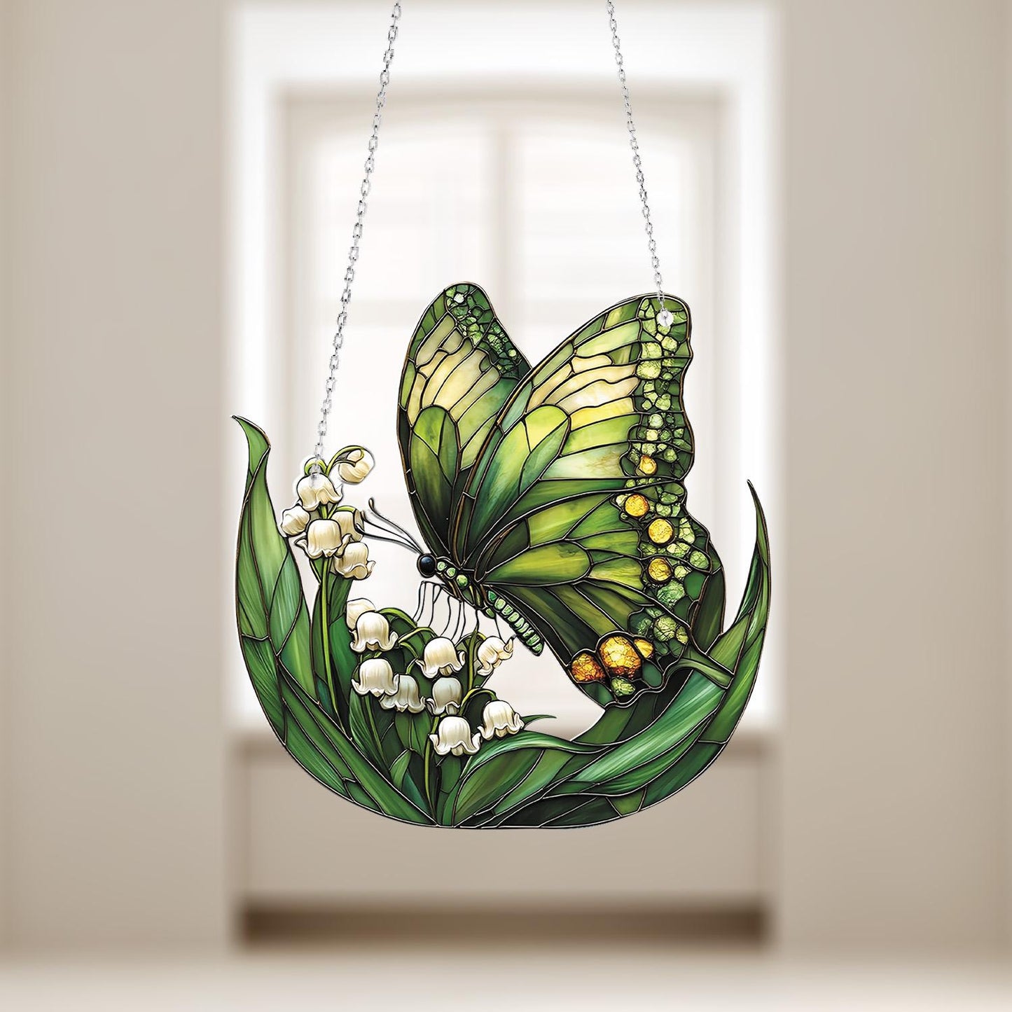 Green Butterfly and Lily Window Hanging, Elegant Floral Ornament, Nature Inspired Home Decor, Gift for Butterfly and Flower Lovers