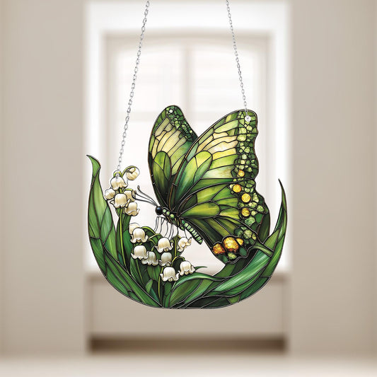 Green Butterfly and Lily Window Hanging, Elegant Floral Ornament, Nature Inspired Home Decor, Gift for Butterfly and Flower Lovers