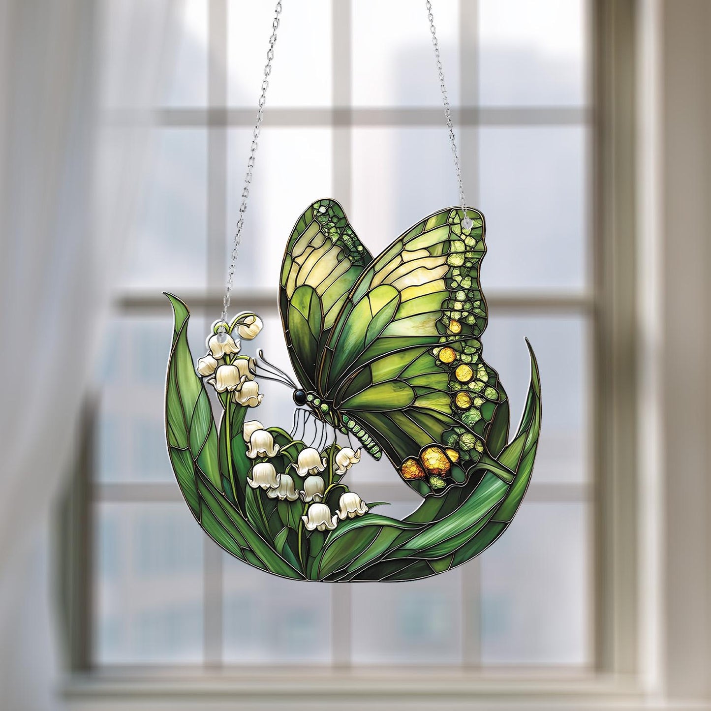 Green Butterfly and Lily Window Hanging, Elegant Floral Ornament, Nature Inspired Home Decor, Gift for Butterfly and Flower Lovers
