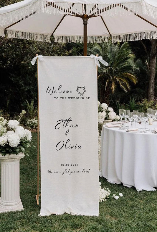 Personalized Wedding Welcome Sign, Large Fabric Banner, Custom Ceremony Sign, Rustic Linen Wedding Decor, Modern Outdoor Reception Banner