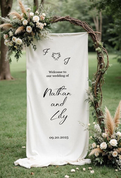 Custom Wedding Welcome Sign, Personalized Fabric Banner, Large Ceremony Sign, Rustic Linen Wedding Decor, Modern Outdoor Reception Banner