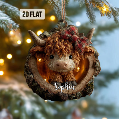 Personalized Highland Cow 2D Flat Ornament, Custom Name Christmas Tree Ornament, Farmhouse Christmas Home Decor, Gift for Highland Cow Lover