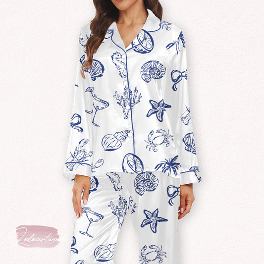 Beach Coastal Set – Nautical Summer Pajamas with Seashell, Coral & Cocktail Print | Ocean Lover Loungewear | Resort Sleep Set
