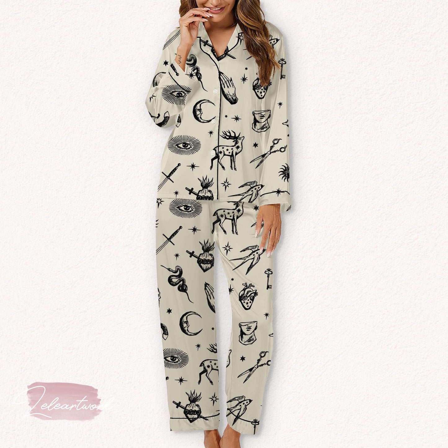 Dark Academia Set – Gothic Satin Pajamas with Symbolic Illustrations | Occult Loungewear for Aesthetic Sleepwear & Cozy Academia Nights