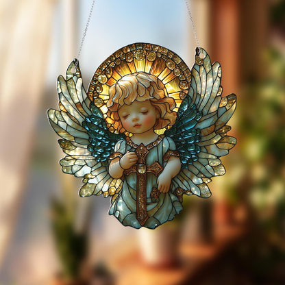 Angel Window Hanging Cross Decor – Spiritual Guardian Angel Ornament for Home, Fall Faith Gift, Memorial Christian Art for Window Display