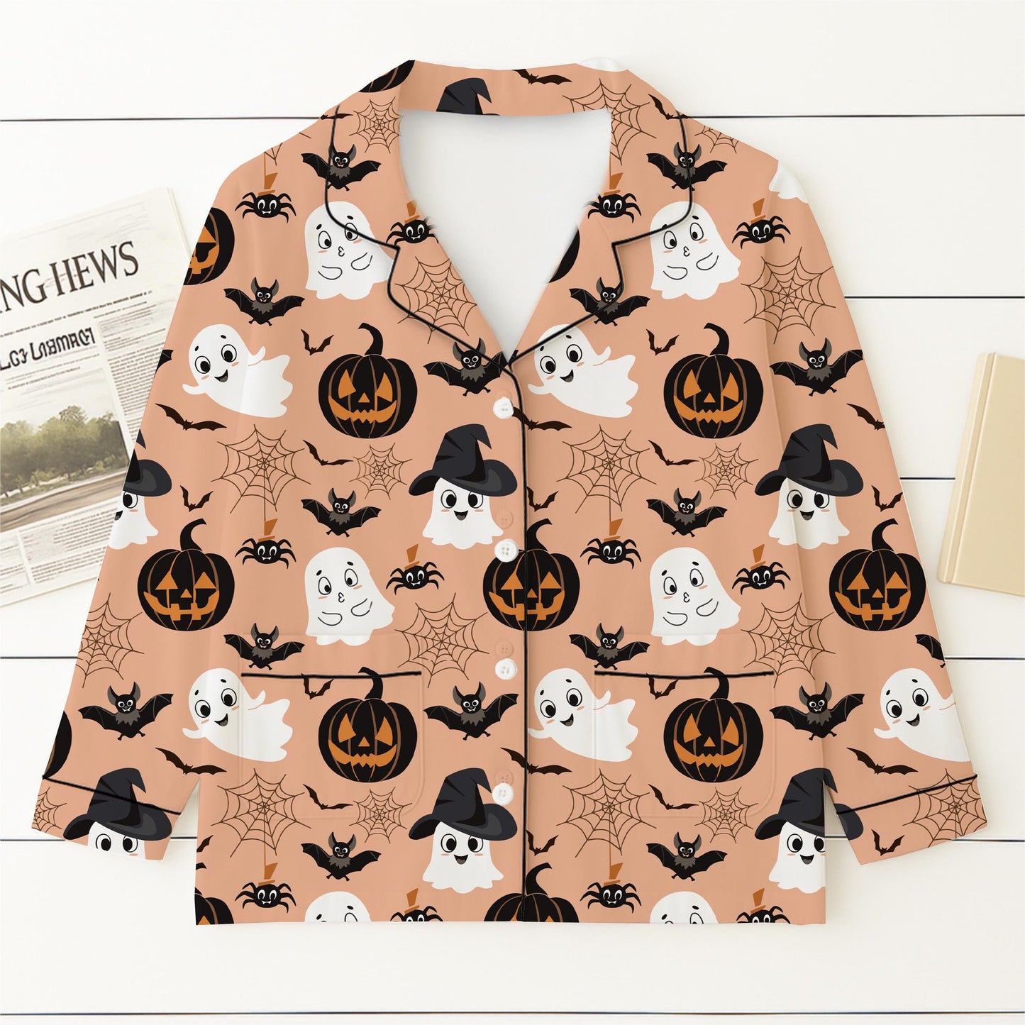 Halloween Witch Ghost Pumpkin Pajamas Set, Halloween Pattern Homewear, Spooky Pumpkin Loungewear, Cute Ghost Sleepwear, Halloween Nightwear