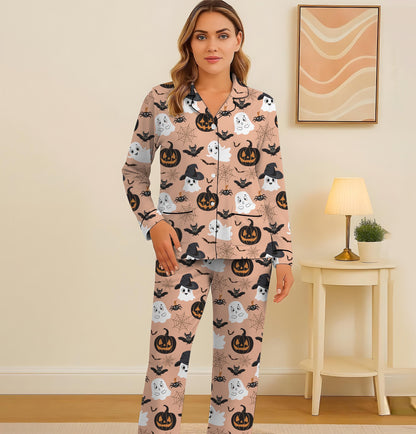 Halloween Witch Ghost Pumpkin Pajamas Set, Halloween Pattern Homewear, Spooky Pumpkin Loungewear, Cute Ghost Sleepwear, Halloween Nightwear