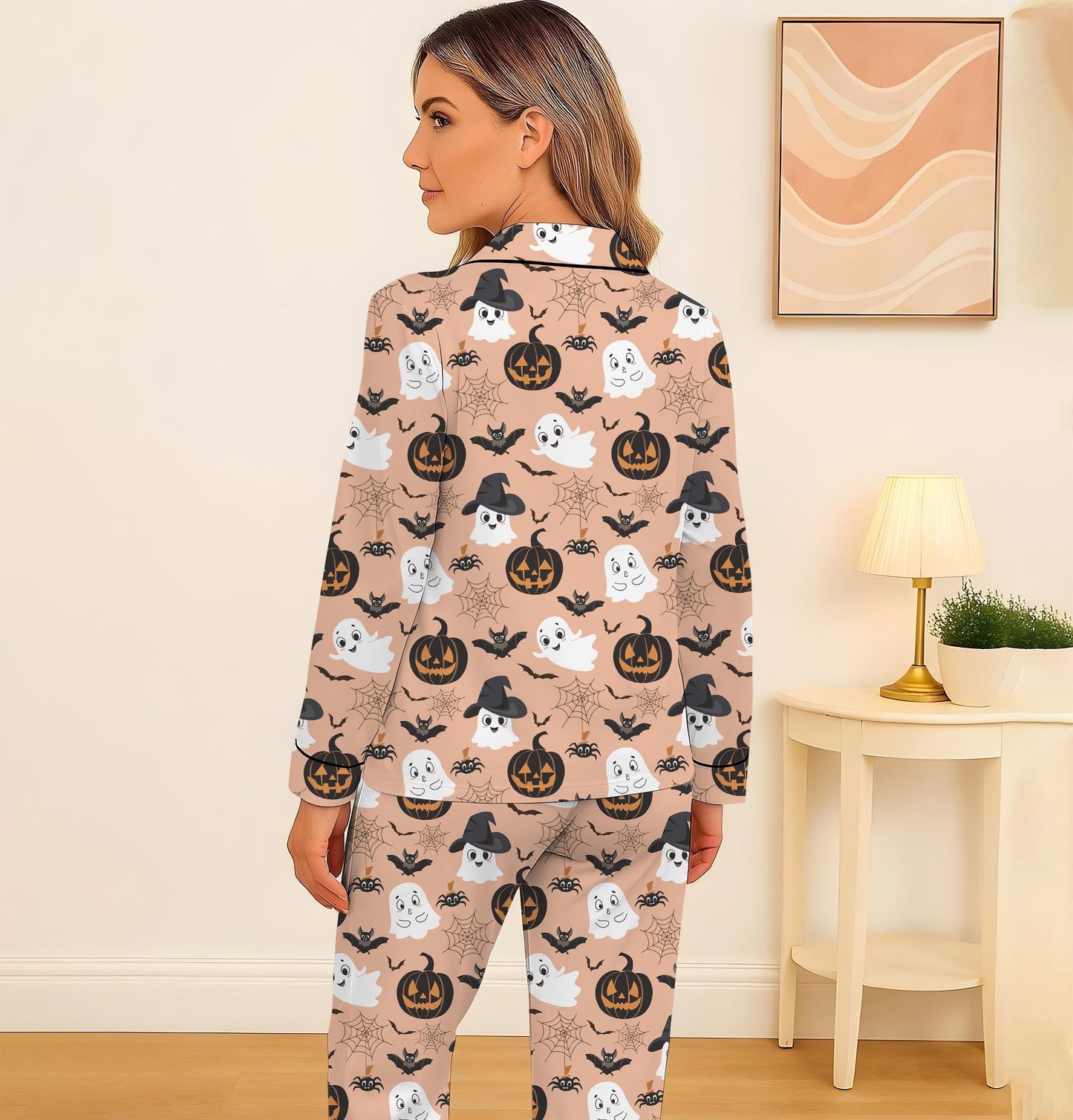 Halloween Witch Ghost Pumpkin Pajamas Set, Halloween Pattern Homewear, Spooky Pumpkin Loungewear, Cute Ghost Sleepwear, Halloween Nightwear