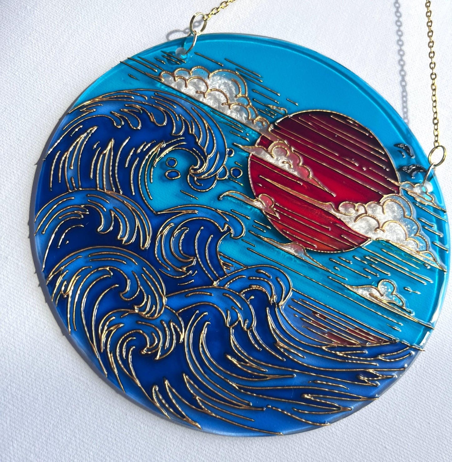 Stained glass Japanese decor-Sunset Sea Sun Cloud-Suncatcher for window-Living room decor-Vacation memories