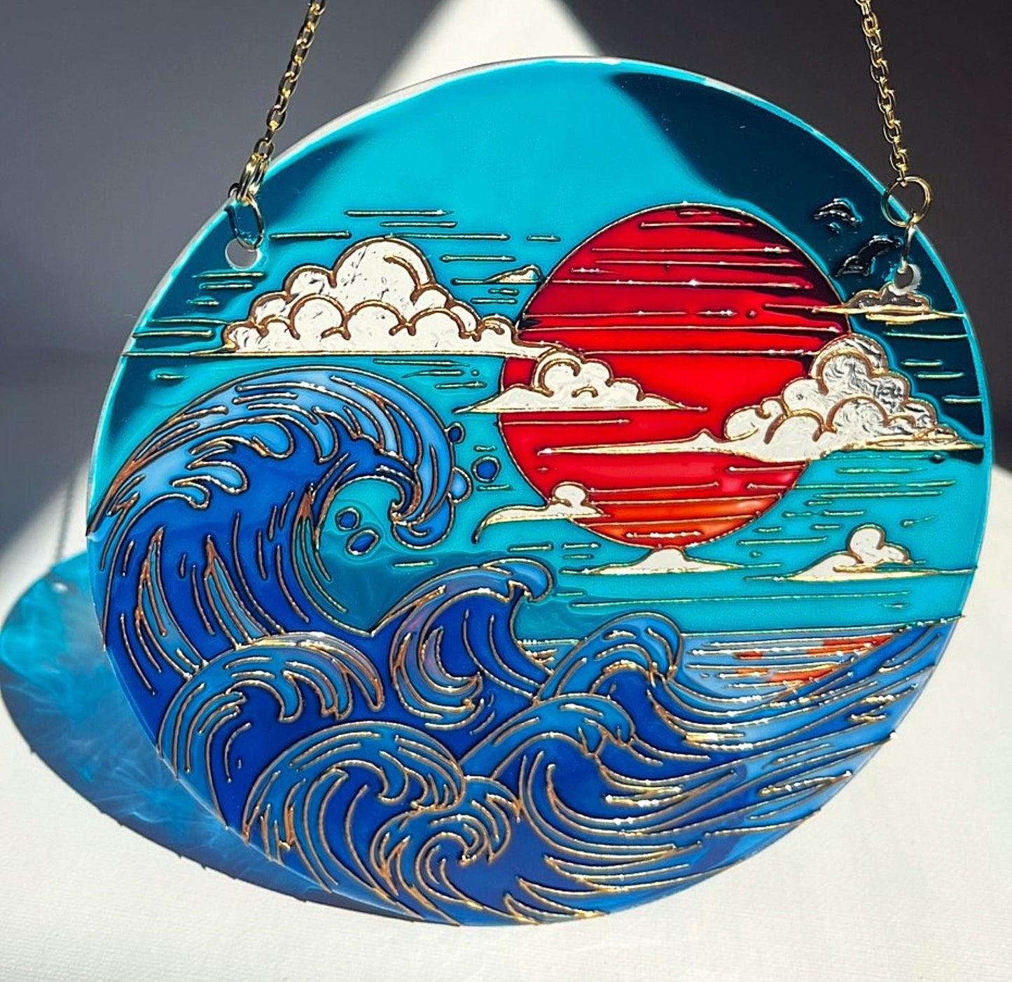Stained glass Japanese decor-Sunset Sea Sun Cloud-Suncatcher for window-Living room decor-Vacation memories
