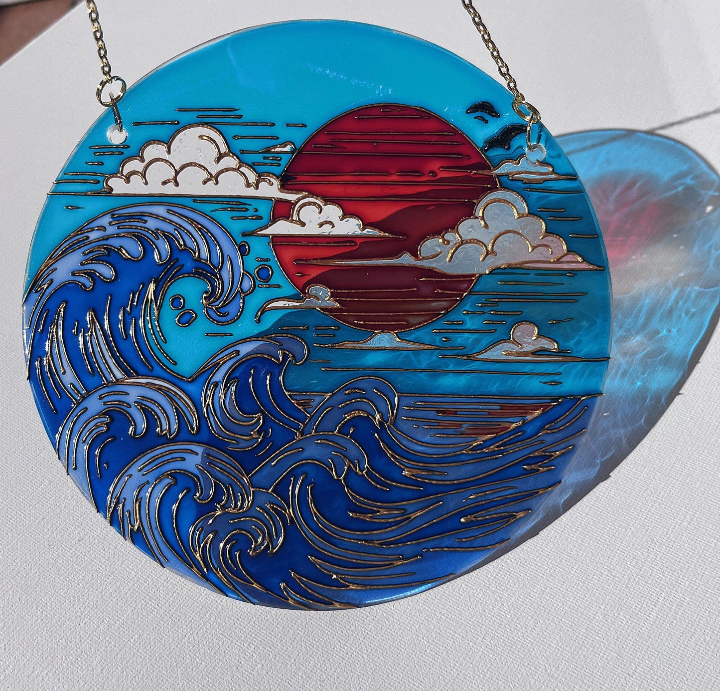 Stained glass Japanese decor-Sunset Sea Sun Cloud-Suncatcher for window-Living room decor-Vacation memories