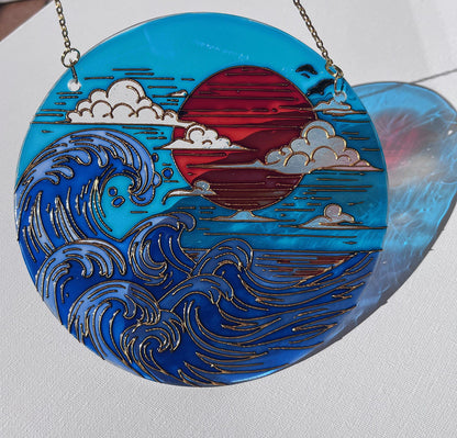 Stained glass Japanese decor-Sunset Sea Sun Cloud-Suncatcher for window-Living room decor-Vacation memories