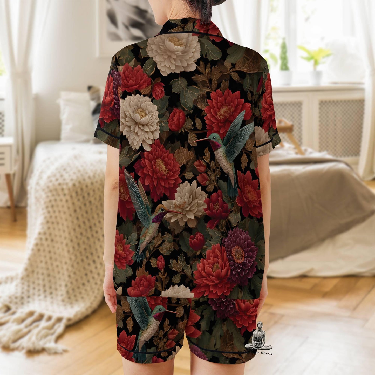 Hummingbird Pajamas Set Short Sleeves, Bird Lover Woman's Satin Pajama Short Sleeve Gift Birdwatching