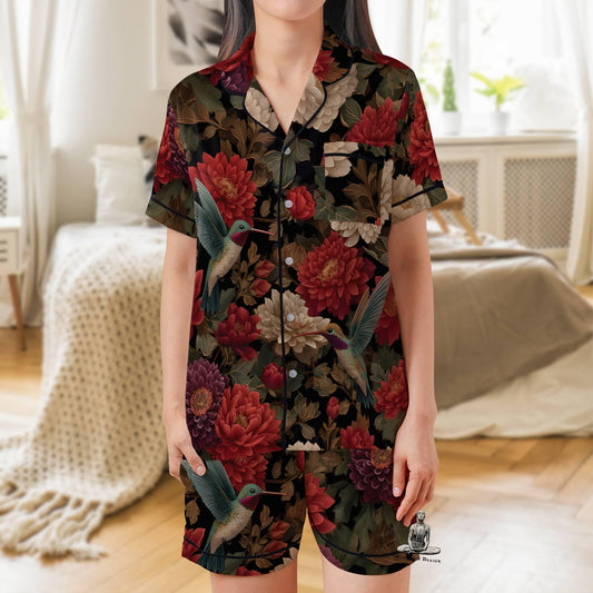 Hummingbird Pajamas Set Short Sleeves, Bird Lover Woman's Satin Pajama Short Sleeve Gift Birdwatching