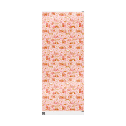 Retro Christmas village Wrapping Paper Roll, Xmas Groovy Style Holiday Wrap, Pink Nordic Christmas Gift Design