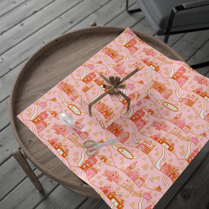Retro Christmas village Wrapping Paper Roll, Xmas Groovy Style Holiday Wrap, Pink Nordic Christmas Gift Design