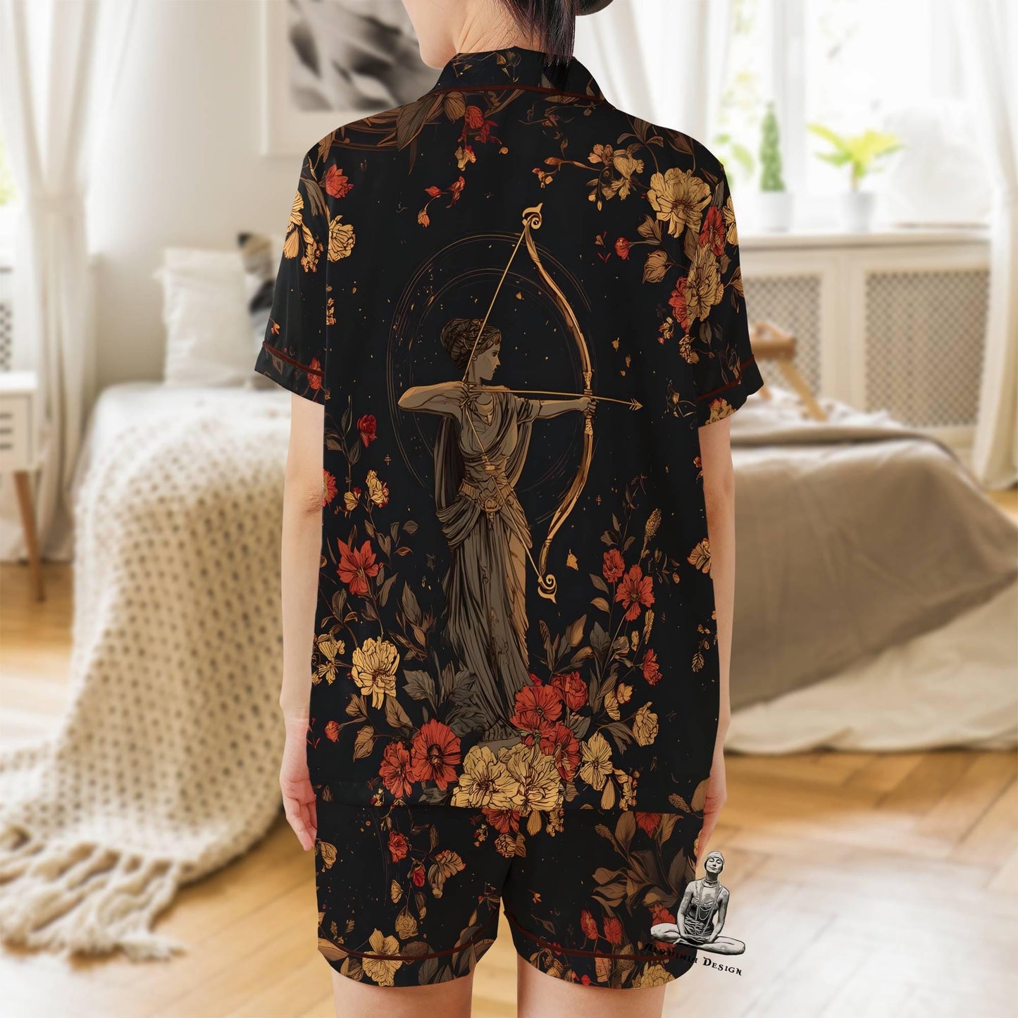 Artemis Pajamas Set Short Sleeves, Artemis Greek Goddess Woman's Satin Pajama Short Sleeve Gift