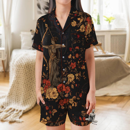 Artemis Pajamas Set Short Sleeves, Artemis Greek Goddess Woman's Satin Pajama Short Sleeve Gift