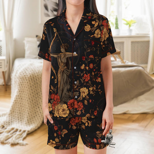 Artemis Pajamas Set Short Sleeves, Artemis Greek Goddess Woman's Satin Pajama Short Sleeve Gift