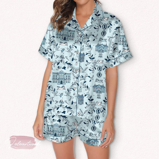 Pride & Prejudice Set – Jane Austen Pajamas with Regency Houses, Silhouettes And Teacups | Bookish Sleepwear for Literary Fans