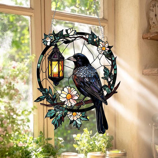 Bird Window Hanging with Lantern and Flowers – Nature Inspired Home Decor, Cottagecore Wall Art, Rustic Boho Window Decoration Gift