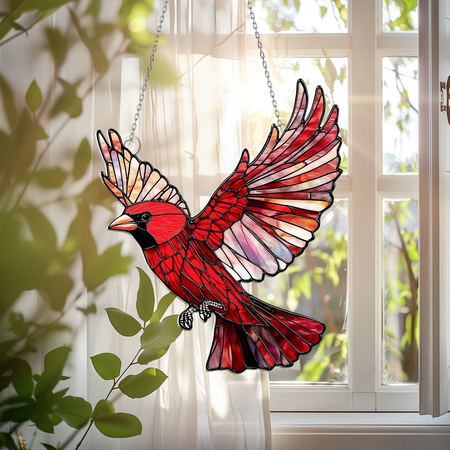 Cardinal Window Hanging Sun Catcher – Red Bird Acrylic Window Art Decoration for Home, Living Room, Kitchen or Garden Gift Idea