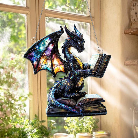 Galaxy Dragon Acrylic Window Hanging – Fantasy Sun Catcher with Book Design, Unique Dragon Window Ornament for Home, Library or Gift