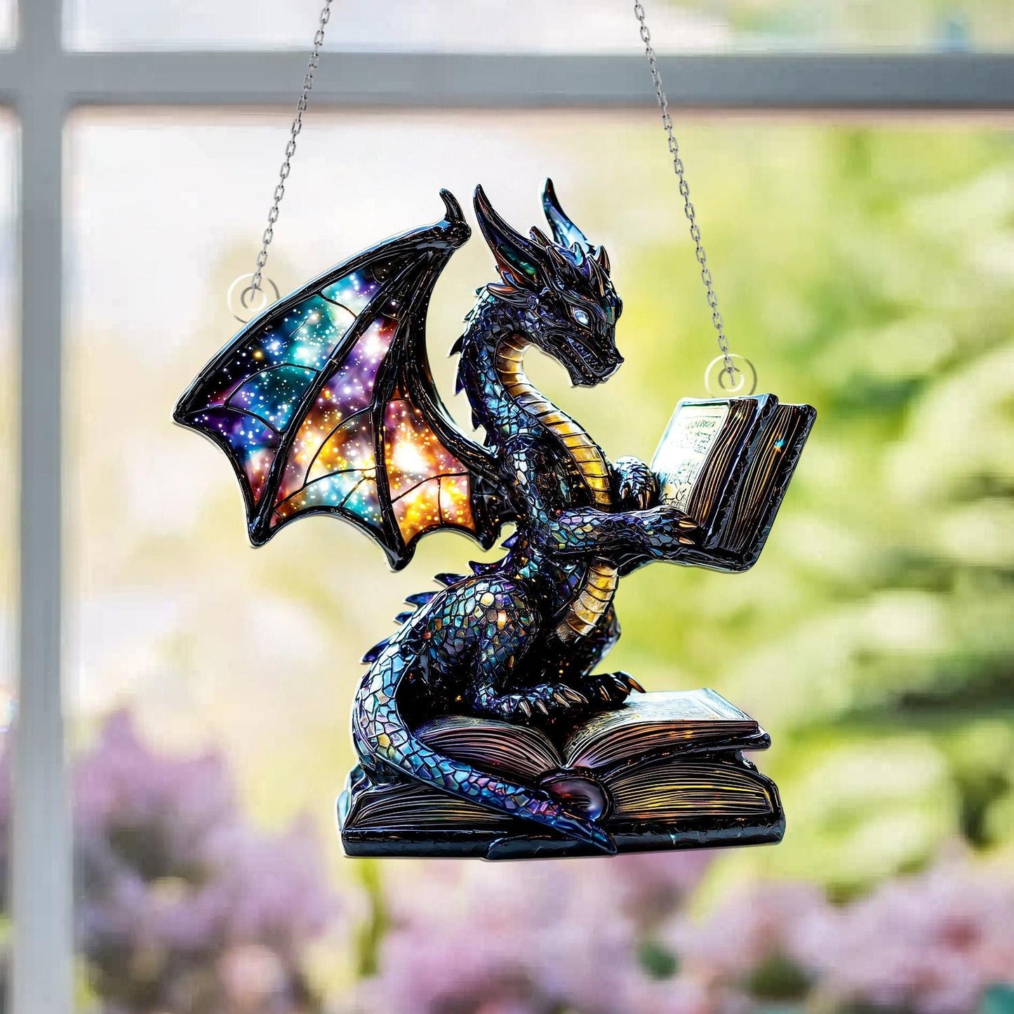 Galaxy Dragon Acrylic Window Hanging – Fantasy Sun Catcher with Book Design, Unique Dragon Window Ornament for Home, Library or Gift
