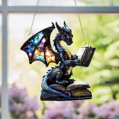 Galaxy Dragon Acrylic Window Hanging – Fantasy Sun Catcher with Book Design, Unique Dragon Window Ornament for Home, Library or Gift