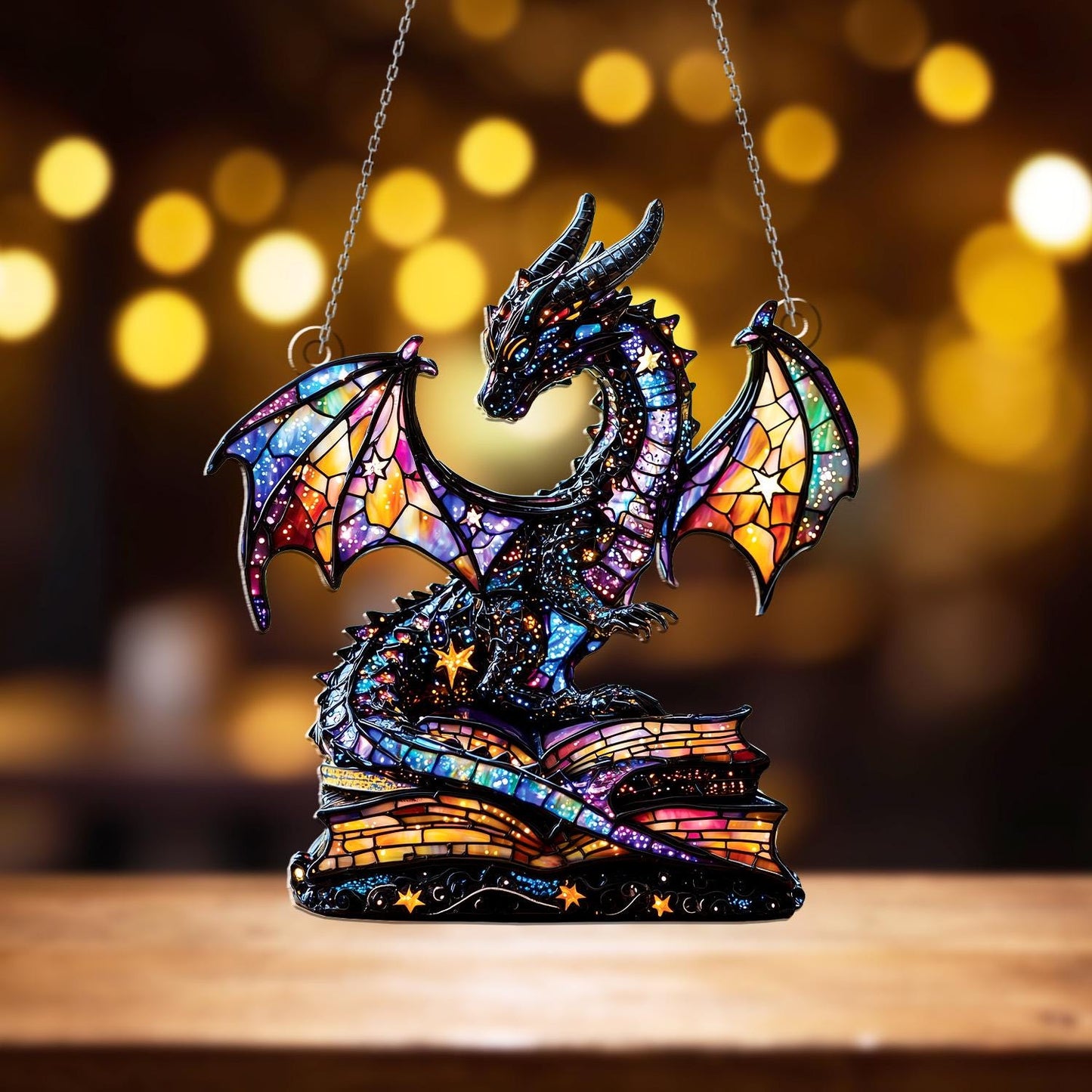 Galaxy Dragon Acrylic Window Hanging – Fantasy Sun Catcher with Book, Magical Dragon Window Ornament for Home, Library or Gift Decor