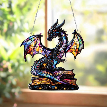 Galaxy Dragon Acrylic Window Hanging – Fantasy Sun Catcher with Book, Magical Dragon Window Ornament for Home, Library or Gift Decor