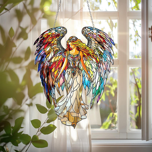 Colorful Angel Acrylic Window Hanging – Fantasy Sun Catcher with Rainbow Wings, Spiritual Window Decoration for Home, Gift or Garden Decor