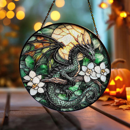 Green Dragon Stained Glass Suncatcher – Fantasy Window Hanging Decoration, Gothic Home Décor, Unique Dragon Lover Gift Ornament