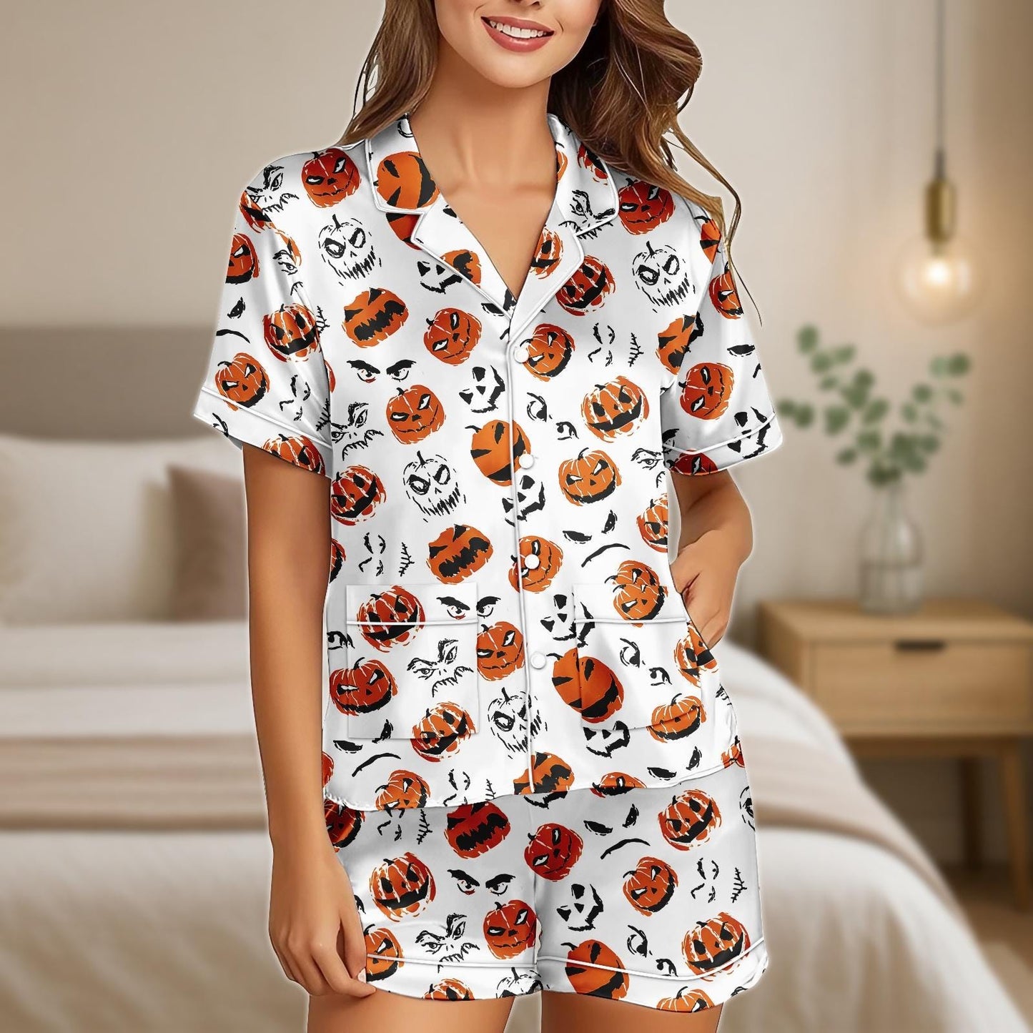 Pumpkin Face Halloween Pajama Set, Spooky Jack O Lantern Satin PJs, Orange Black Short Sleeve Sleepwear, Scary Cute Lounge Set