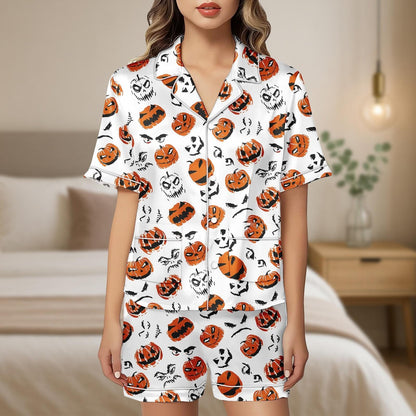 Pumpkin Face Halloween Pajama Set, Spooky Jack O Lantern Satin PJs, Orange Black Short Sleeve Sleepwear, Scary Cute Lounge Set