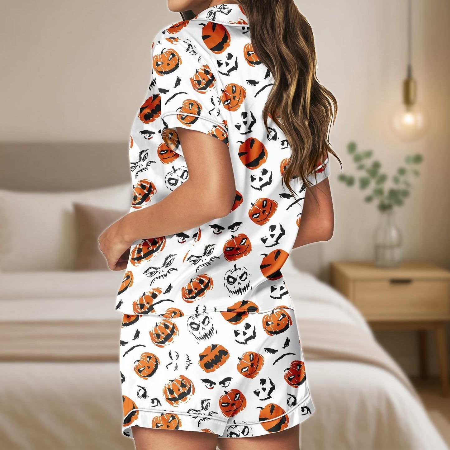 Pumpkin Face Halloween Pajama Set, Spooky Jack O Lantern Satin PJs, Orange Black Short Sleeve Sleepwear, Scary Cute Lounge Set