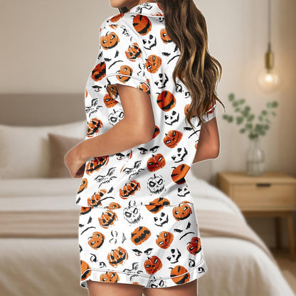 Pumpkin Face Halloween Pajama Set, Spooky Jack O Lantern Satin PJs, Orange Black Short Sleeve Sleepwear, Scary Cute Lounge Set