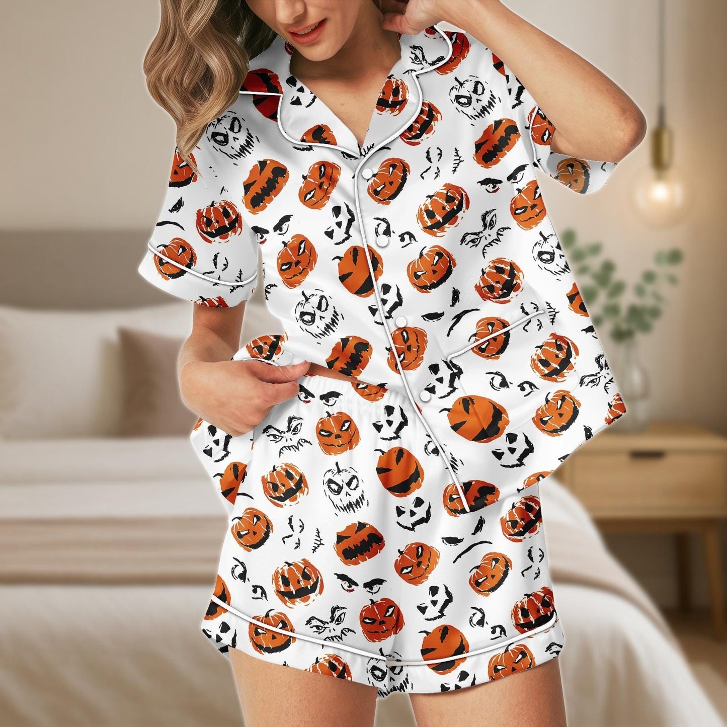 Pumpkin Face Halloween Pajama Set, Spooky Jack O Lantern Satin PJs, Orange Black Short Sleeve Sleepwear, Scary Cute Lounge Set