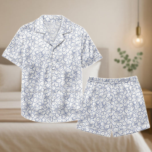 Blue Hibiscus Satin Pajama Set, Tropical Flower Print Shorts and Shirt, Lightweight Summer Sleepwear, Boho Resort Gift for Her