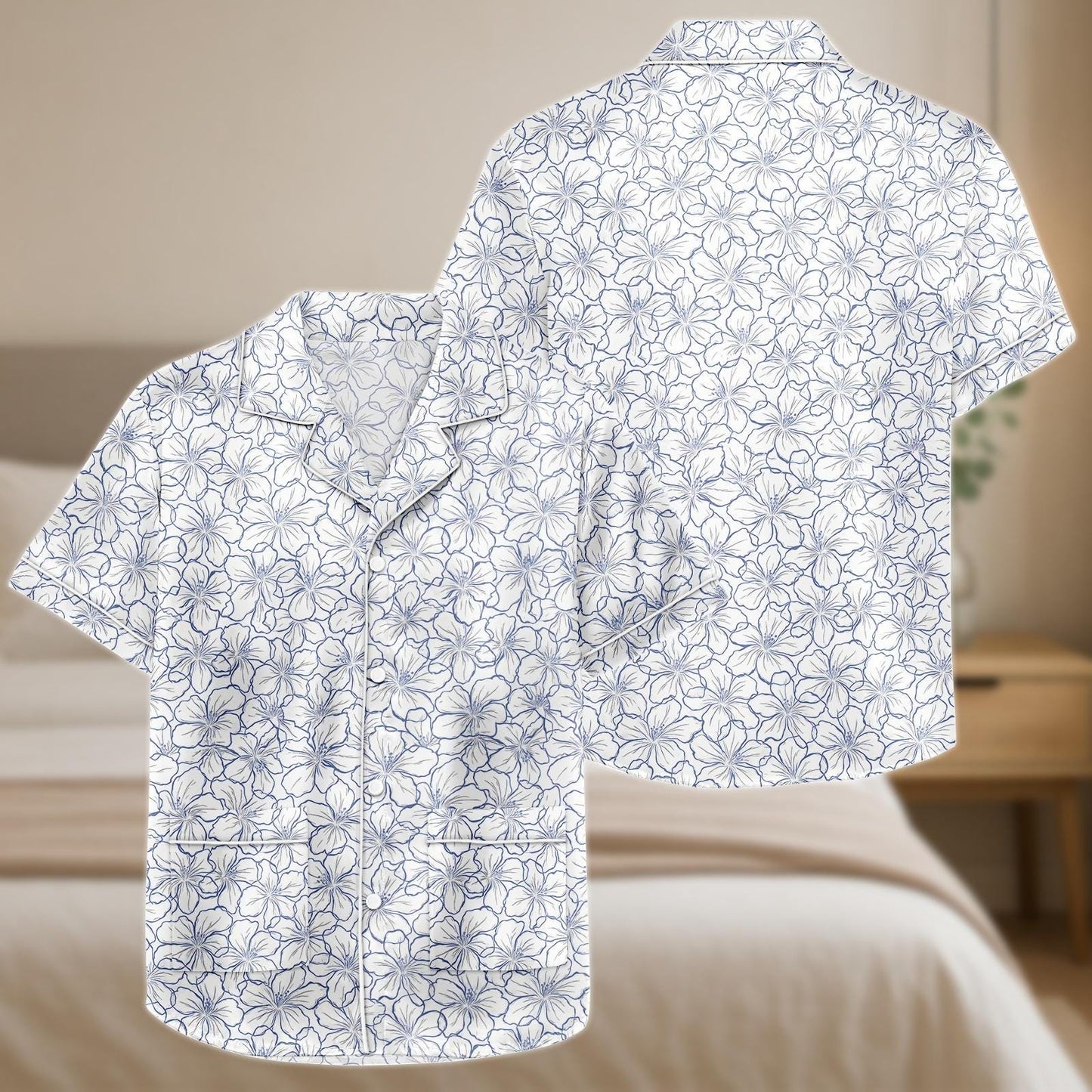 Blue Hibiscus Satin Pajama Set, Tropical Flower Print Shorts and Shirt, Lightweight Summer Sleepwear, Boho Resort Gift for Her