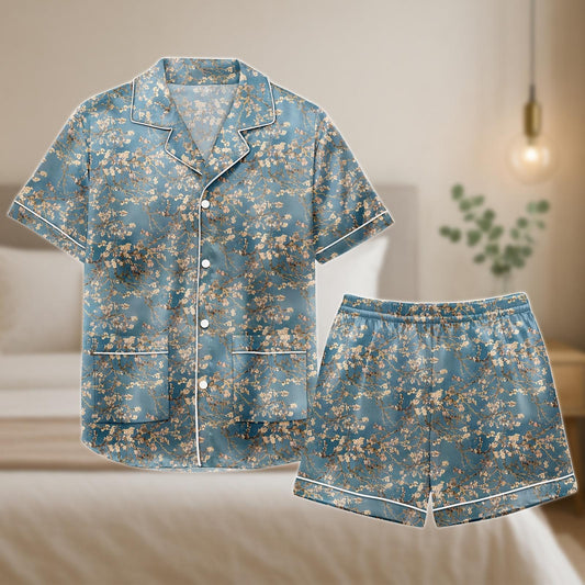 Dusty Blue Floral Satin Pajama Set, Cherry Blossom Print Shorts and Shirt, Cottagecore Lounge Sleepwear, Spring Gift for Her